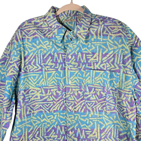 VINTAGE Bugle Boy Shirt Mens XL Blue Purple Abstract Geometric Button Front 90s - Picture 2 of 12